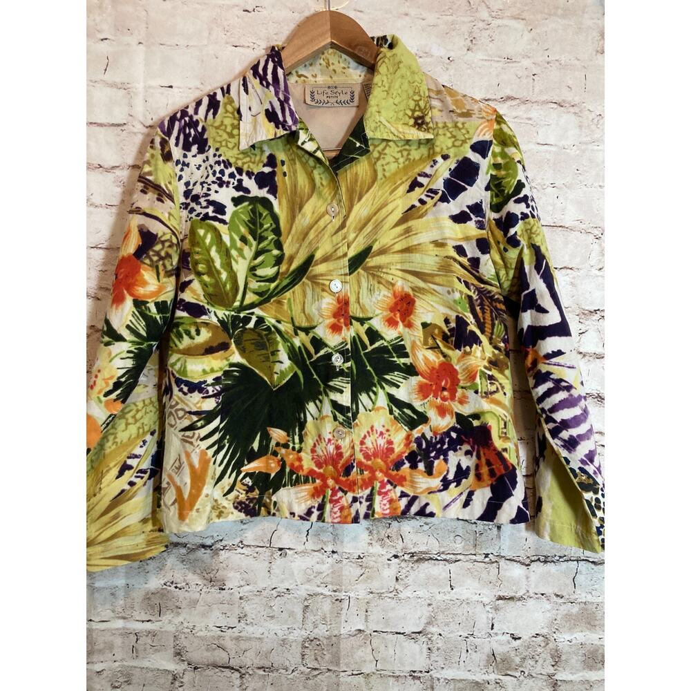 Life Style Top‎ Womens Petite Small Shacket Tropical Jungle Button Up Cotton